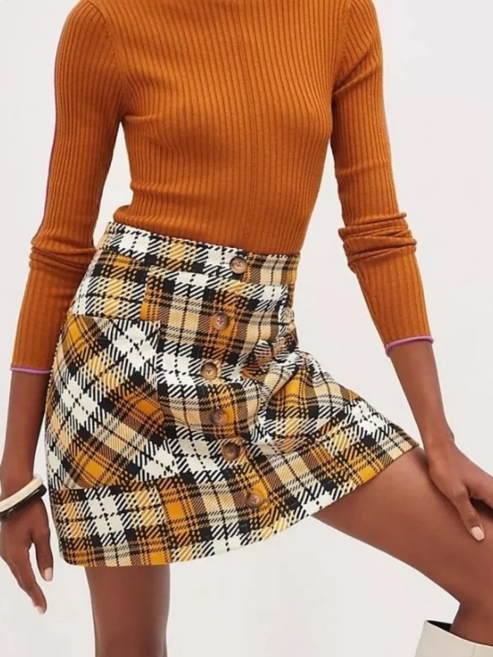 Anthropologie x Maeve Plaid Button-Front Mini Skirt In Yellow